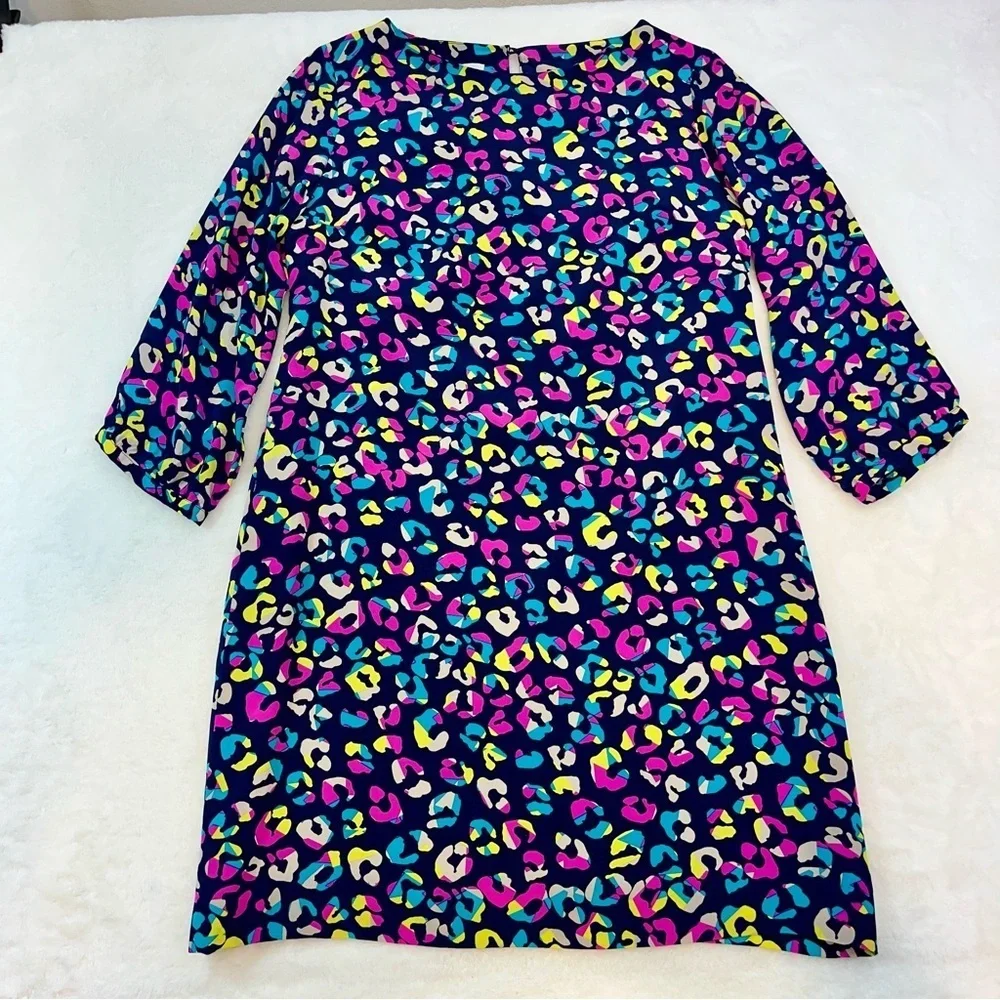 Britt Ryan 100% Silk Dress Large Navy Multicolor 3/4‎ Sleeve Made In USA